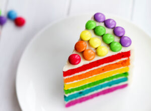 Regenbogenkuchen Bunter Schichtkuchen mit Schokolinsen-Deko
