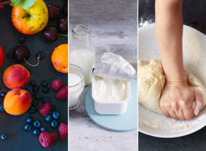 Collage: Obst, Quark und Hefeteig Collage: Obst, Quark und Hefeteig