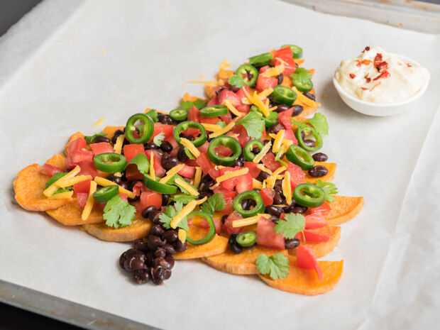 Süßkartoffelnachos Rezept Nachos aus Süßkartoffeln in Tannenbaumform