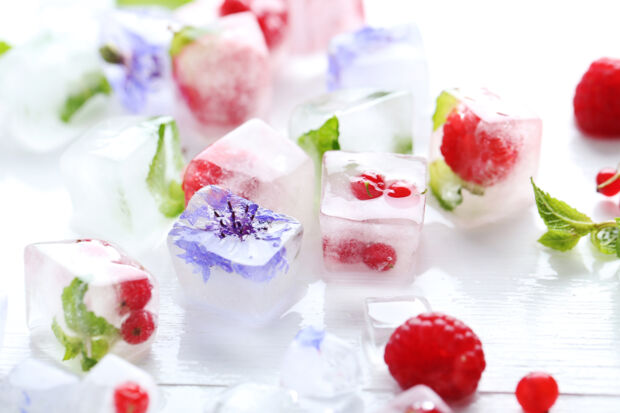 Eiswürfel mit Beeren und Blüten