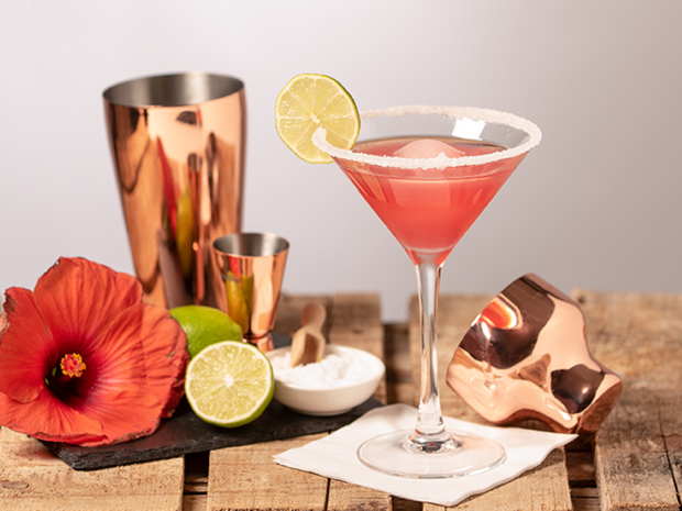 Hibiskus-Margarita im Martini-Glas mit Salzrand hibiskus-margarita