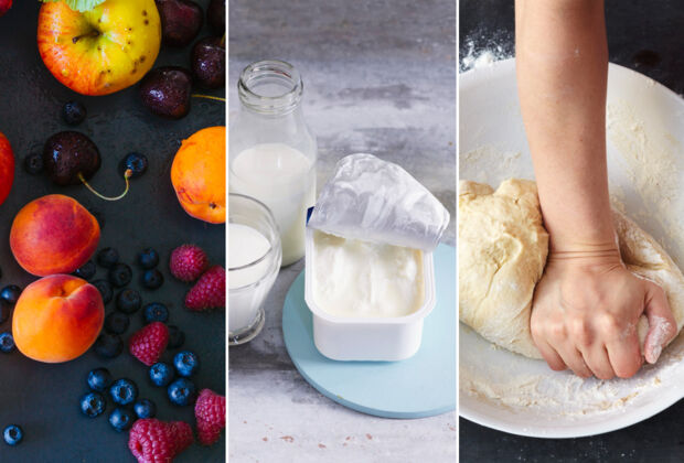 Collage: Obst, Quark und Hefeteig